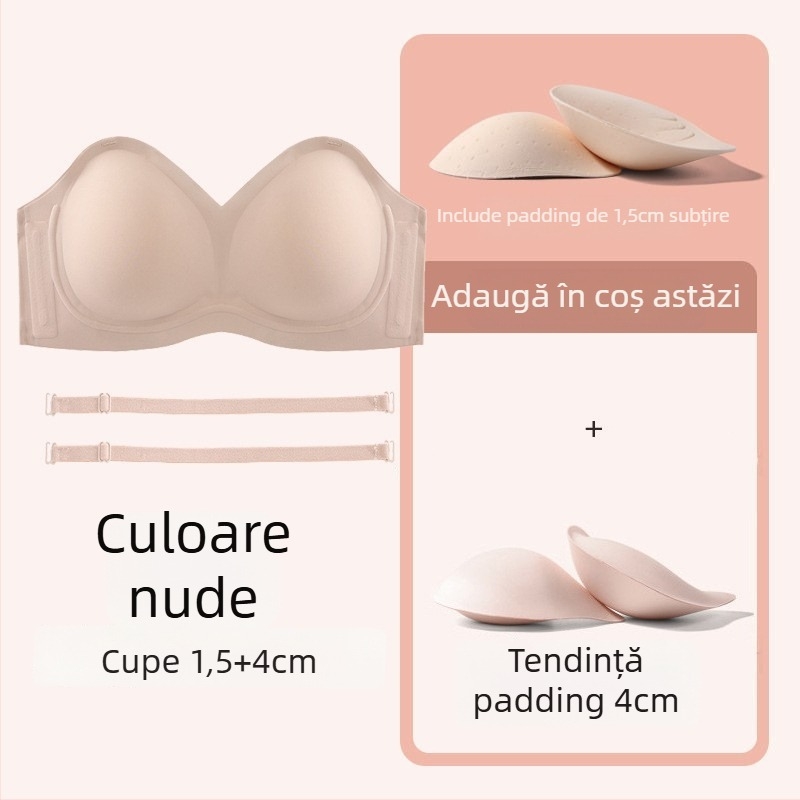 Sutien fără bretele pentru sâni mici, anti-derapare, push-up, cupă 3/4, bretele detașabile, fără cusături, din nylon