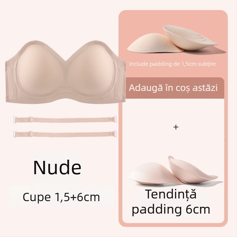 Sutien fără bretele pentru sâni mici, anti-derapare, push-up, cupă 3/4, bretele detașabile, fără cusături, din nylon