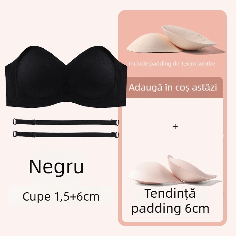 Sutien fără bretele pentru sâni mici, anti-derapare, push-up, cupă 3/4, bretele detașabile, fără cusături, din nylon