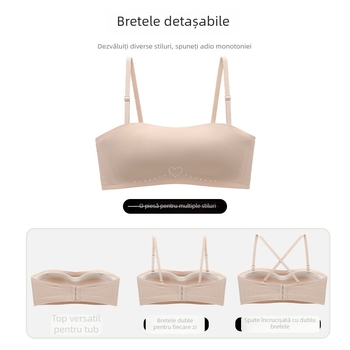 Sutien bandeau fara bretele, fara cusaturi, cupe 3/4, cupe modelate subtiri, fara inel metalic, anti-alunecare, nylon confortabil