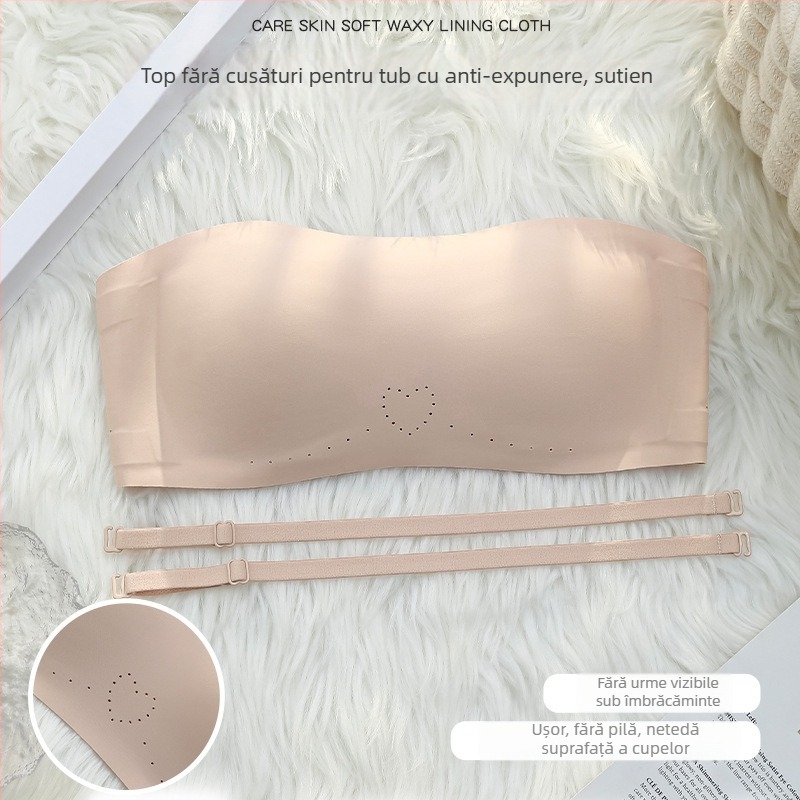 Sutien bandeau fara bretele, fara cusaturi, cupe 3/4, cupe modelate subtiri, fara inel metalic, anti-alunecare, nylon confortabil