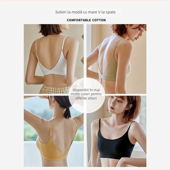Sutien fără bretele, cu design U, din bumbac, cupă 3/4, cupe subțiri modelate, cu burete în zona sânilor