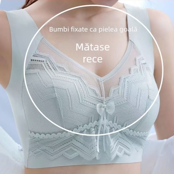 Sutien fără cuie din material ice-silk cu spate dantelat, respirabil, susținere laterală anti-cădere, cupă completă, nylon