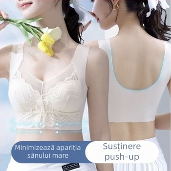 Sutien fără cuie din material ice-silk cu spate dantelat, respirabil, susținere laterală anti-cădere, cupă completă, nylon