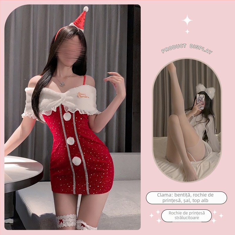 Costum Crăciun sexy cu bustieră – poliester 95%, set cadou de iarnă, pentru femei 18–40