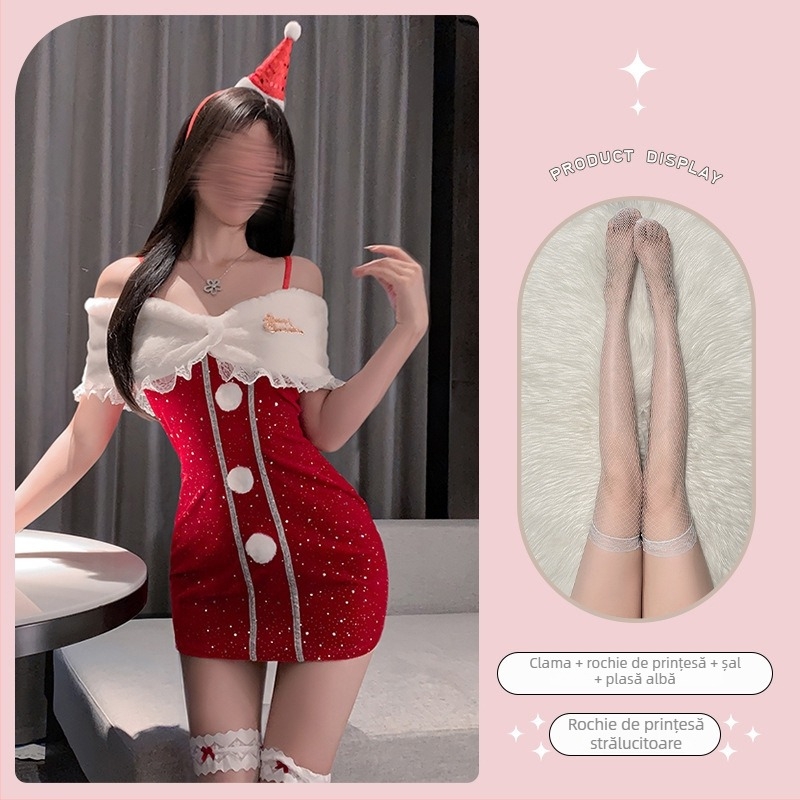 Costum Crăciun sexy cu bustieră – poliester 95%, set cadou de iarnă, pentru femei 18–40