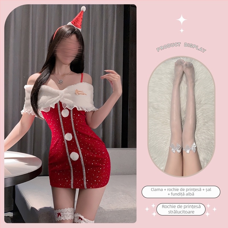 Costum Crăciun sexy cu bustieră – poliester 95%, set cadou de iarnă, pentru femei 18–40