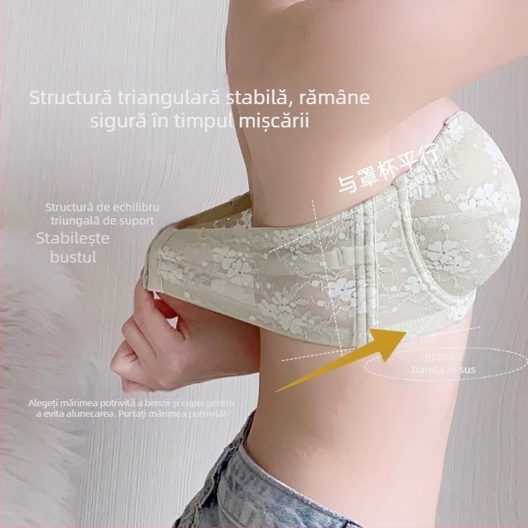 Sutien fără bretele din dantelă, cu inel metalic moale, cupe modelate ultra-subțiri, bretele detașabile duble