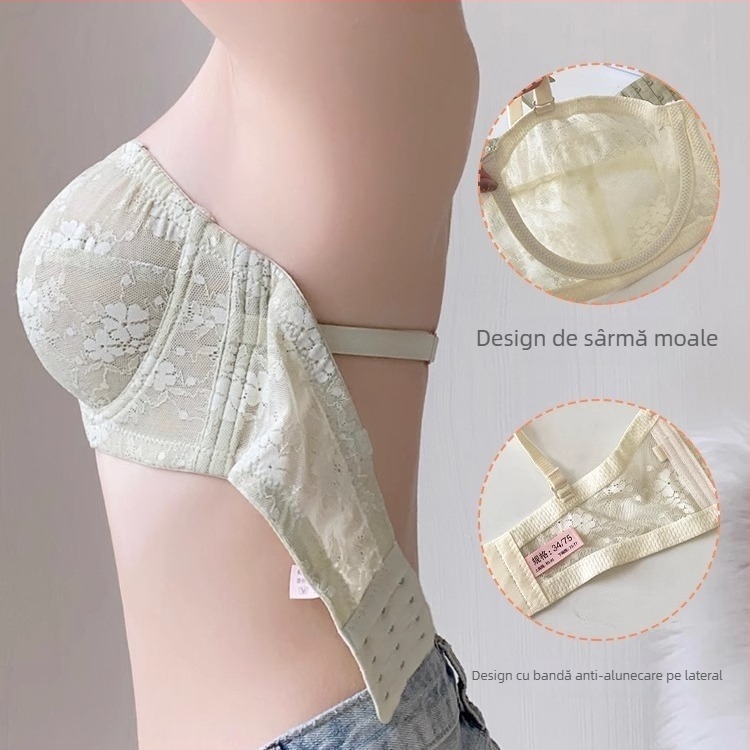 Sutien fără bretele din dantelă, cu inel metalic moale, cupe modelate ultra-subțiri, bretele detașabile duble