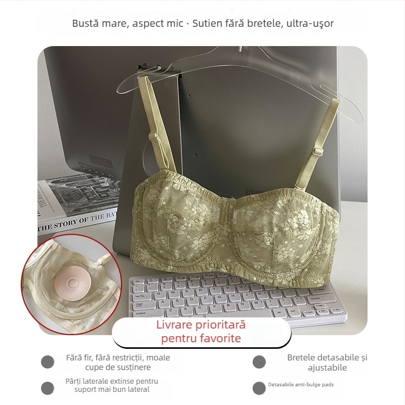 Sutien fără bretele din dantelă, cu inel metalic moale, cupe modelate ultra-subțiri, bretele detașabile duble