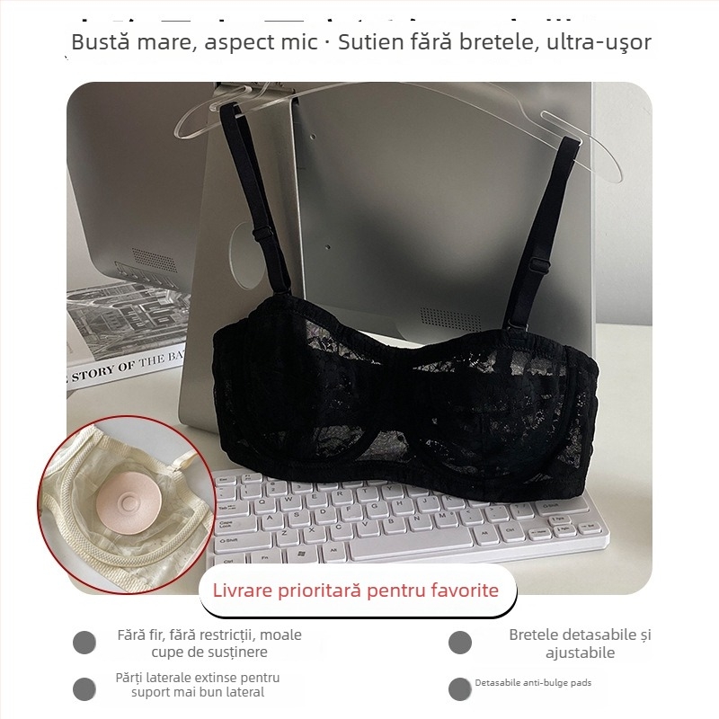 Sutien fără bretele din dantelă, cu inel metalic moale, cupe modelate ultra-subțiri, bretele detașabile duble