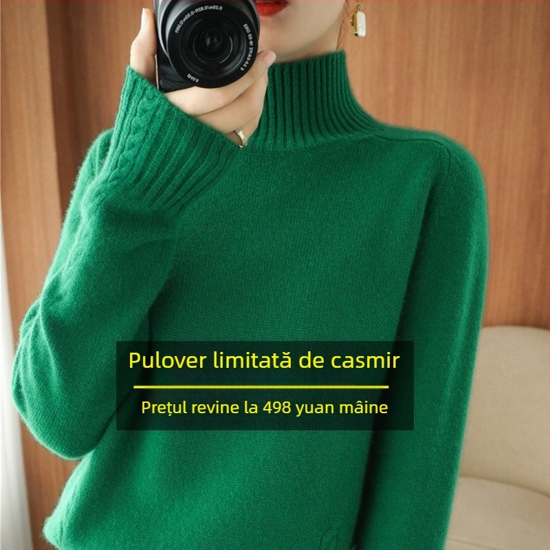 Pulover tricotat pentru femei cu glugă, gros, croială lejeră, mâneci lungi, guler rotund