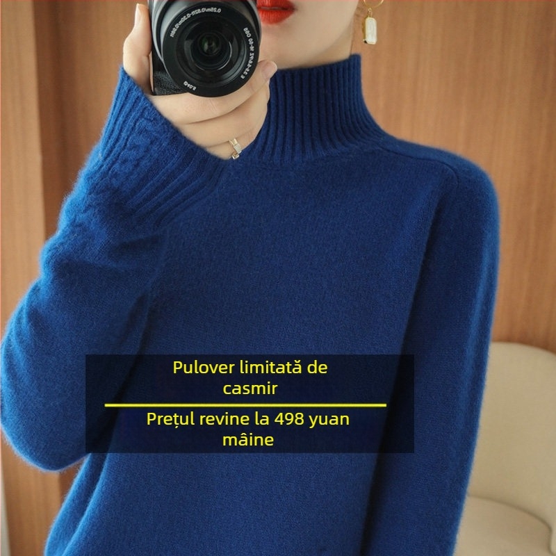 Pulover tricotat pentru femei cu glugă, gros, croială lejeră, mâneci lungi, guler rotund