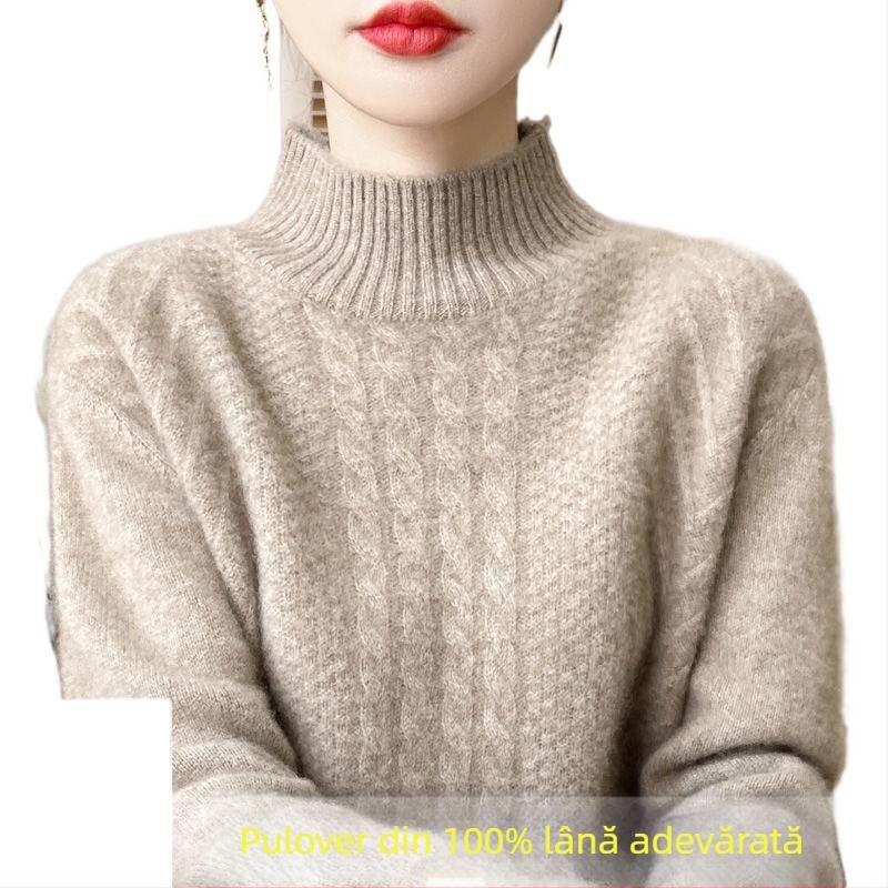 Pulover tricotat pentru femei — guler semi-înalt, mâneci de tip prințesă, țesătură Ice Silk cu poliester, grosime normală, pulover, Primăvara 2025