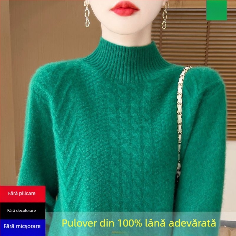 Pulover tricotat pentru femei — guler semi-înalt, mâneci de tip prințesă, țesătură Ice Silk cu poliester, grosime normală, pulover, Primăvara 2025