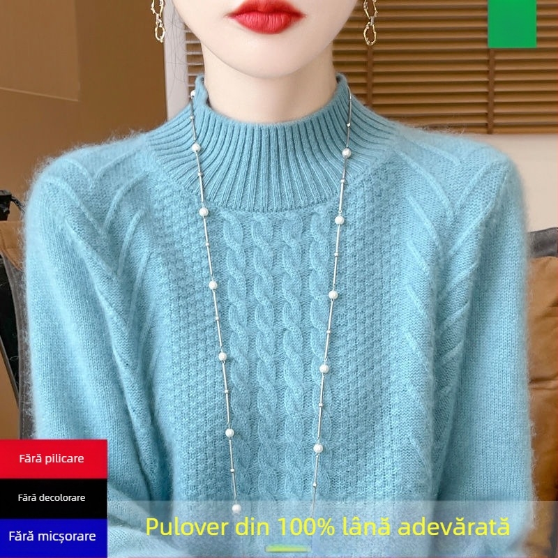 Pulover tricotat pentru femei — guler semi-înalt, mâneci de tip prințesă, țesătură Ice Silk cu poliester, grosime normală, pulover, Primăvara 2025