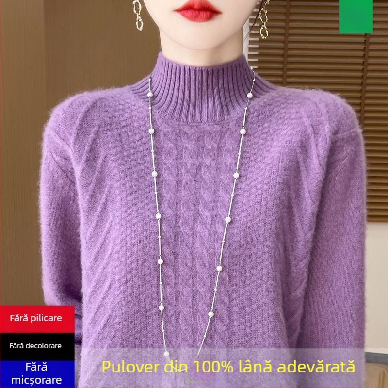 Pulover tricotat pentru femei — guler semi-înalt, mâneci de tip prințesă, țesătură Ice Silk cu poliester, grosime normală, pulover, Primăvara 2025