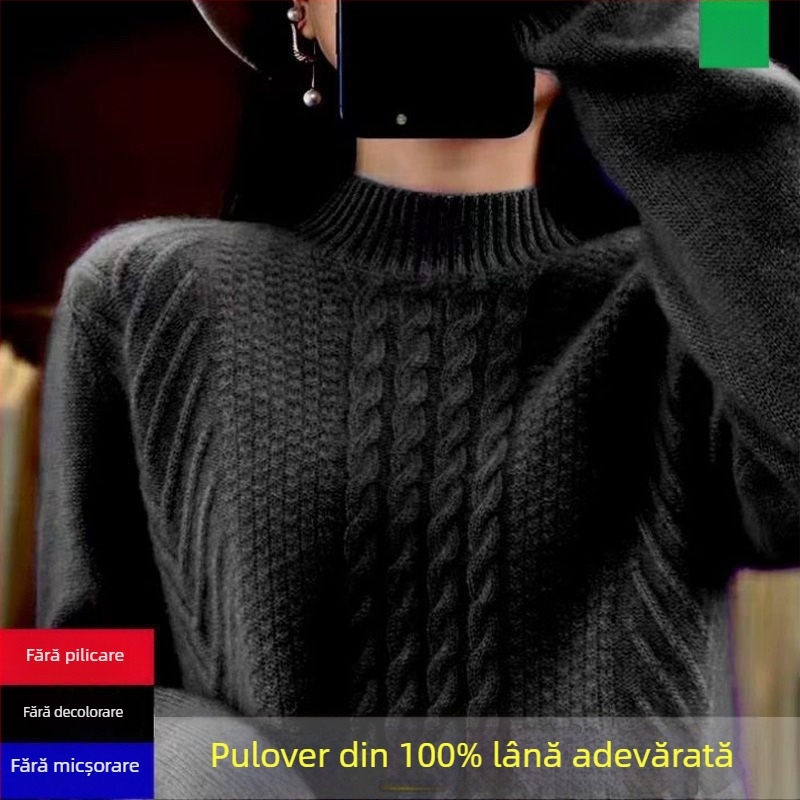 Pulover tricotat pentru femei — guler semi-înalt, mâneci de tip prințesă, țesătură Ice Silk cu poliester, grosime normală, pulover, Primăvara 2025