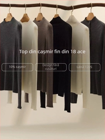 Pulover din lână cu glugă, guler semi-turtleneck, mâneci lungi, model asortat de culori, lungime standard