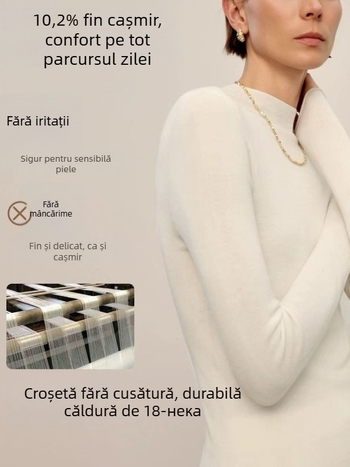 Pulover din lână cu glugă, guler semi-turtleneck, mâneci lungi, model asortat de culori, lungime standard