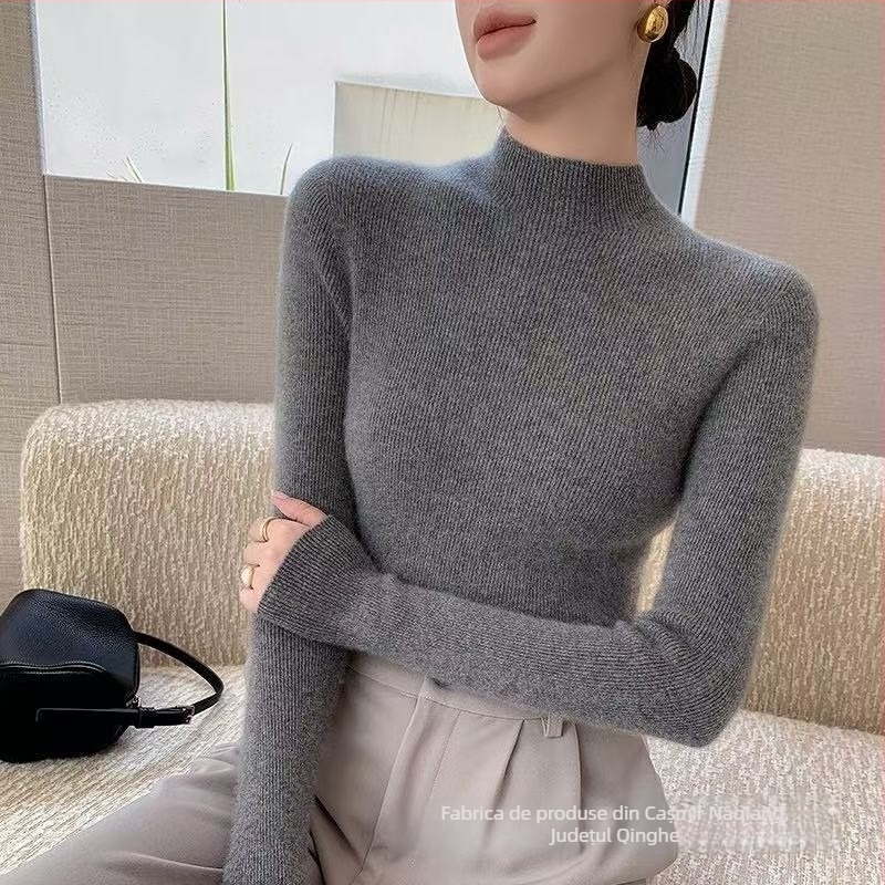 Pulover, guler semi-turtleneck, tricot din lână, croială slim, mâneci lungi, toamnă 2025