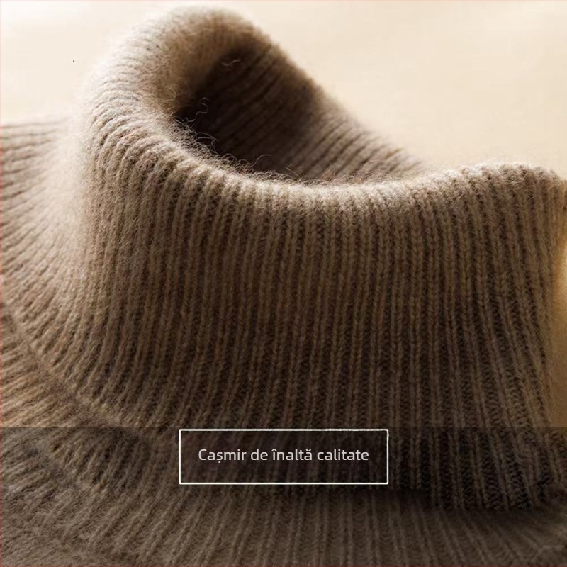 Pulover de damă din cașmir, cu guler înalt și rever, tricot gros, mâneci lungi, lungime normală, amestec cașmir 30–50%