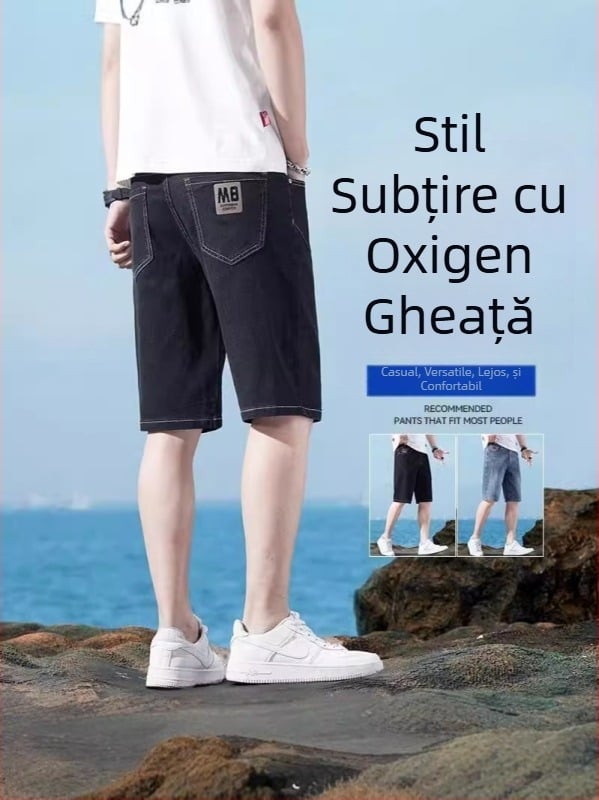 Șorturi denim pentru bărbați, croială dreaptă, până la genunchi, țesătură poliester 35–50% conținut, microelastic