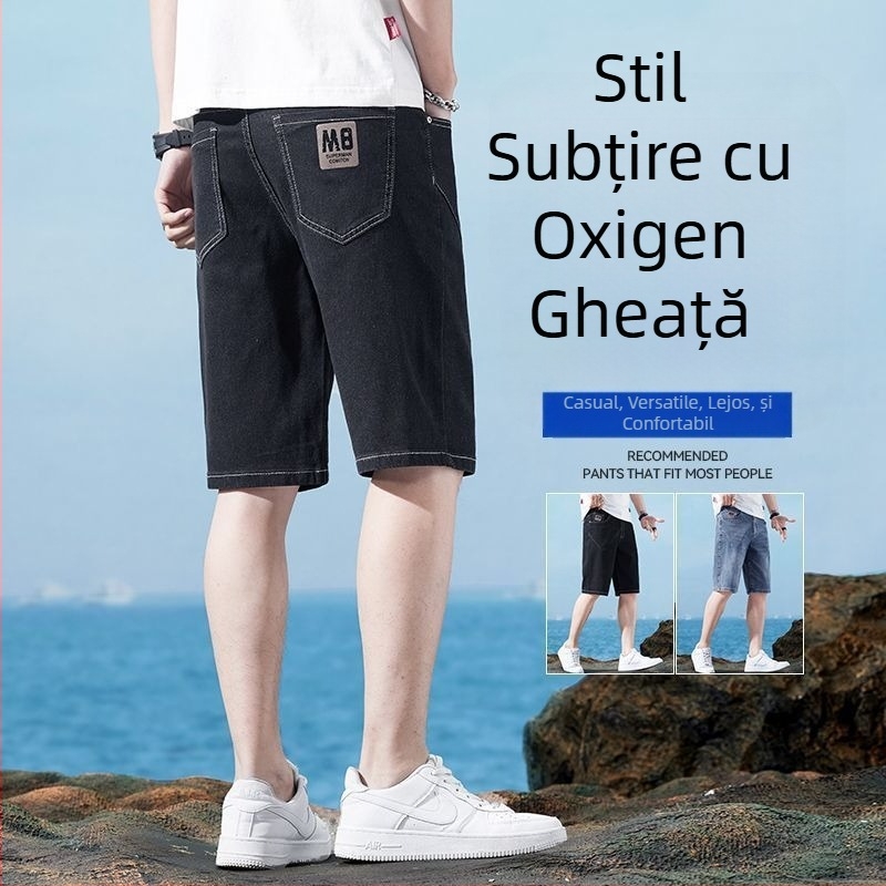 Șorturi denim pentru bărbați, croială dreaptă, până la genunchi, țesătură poliester 35–50% conținut, microelastic