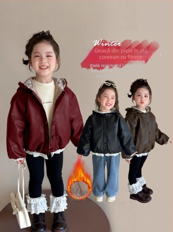 Jachetă din PU leather cu fleece, cu glugă, stil coreean, lungime scurtă, fermoar (3–8 ani, Iarna 2025)