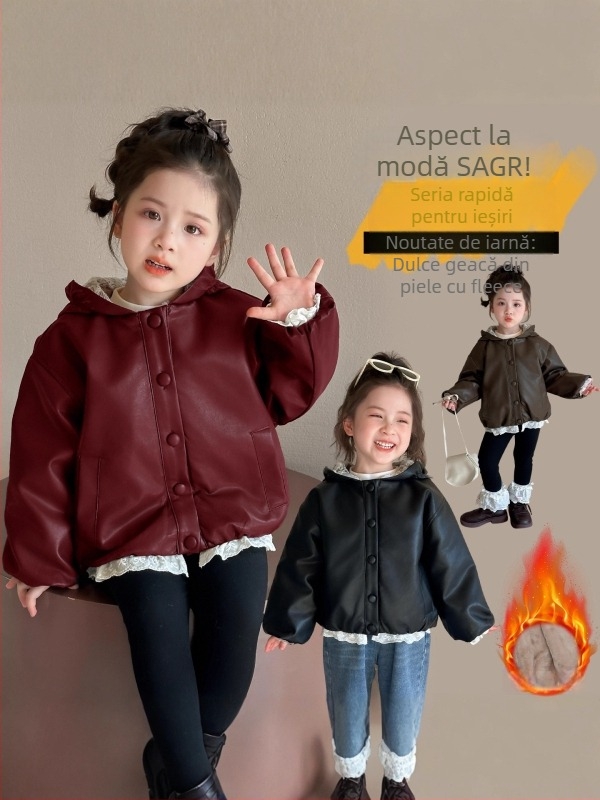 Jachetă din PU leather cu fleece, cu glugă, stil coreean, lungime scurtă, fermoar (3–8 ani, Iarna 2025)
