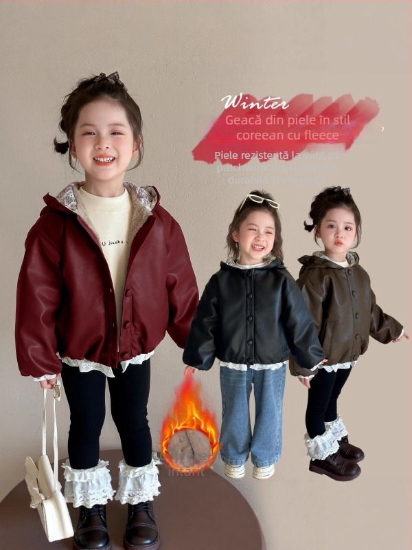 Jachetă din PU leather cu fleece, cu glugă, stil coreean, lungime scurtă, fermoar (3–8 ani, Iarna 2025)