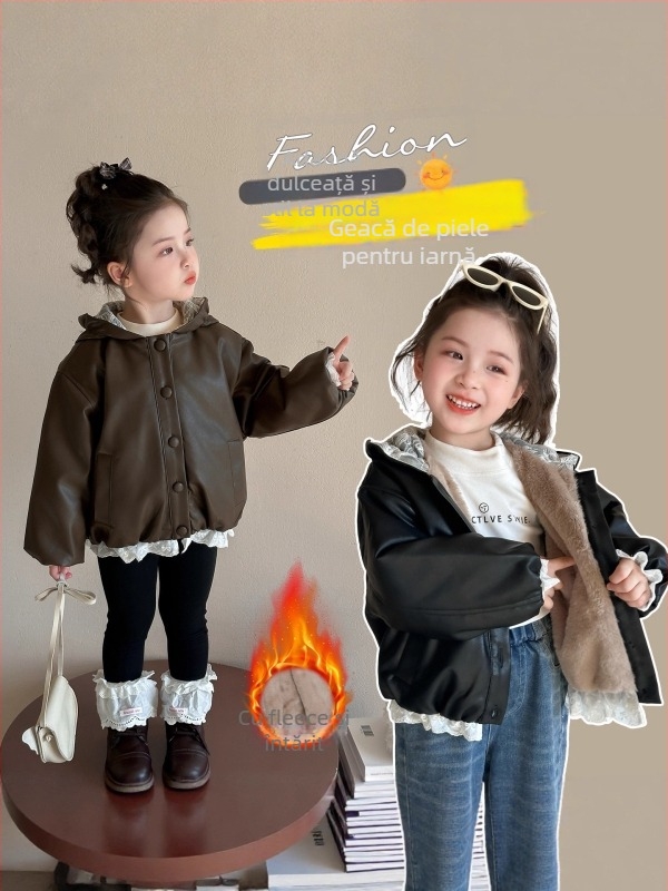 Jachetă din PU leather cu fleece, cu glugă, stil coreean, lungime scurtă, fermoar (3–8 ani, Iarna 2025)