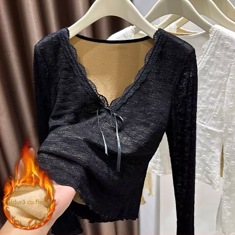 Top din dantelă pentru femei, decolteu în V, mâneci lungi, finisaj periat, material principal nailon/spandex (>95% din componența materialului)