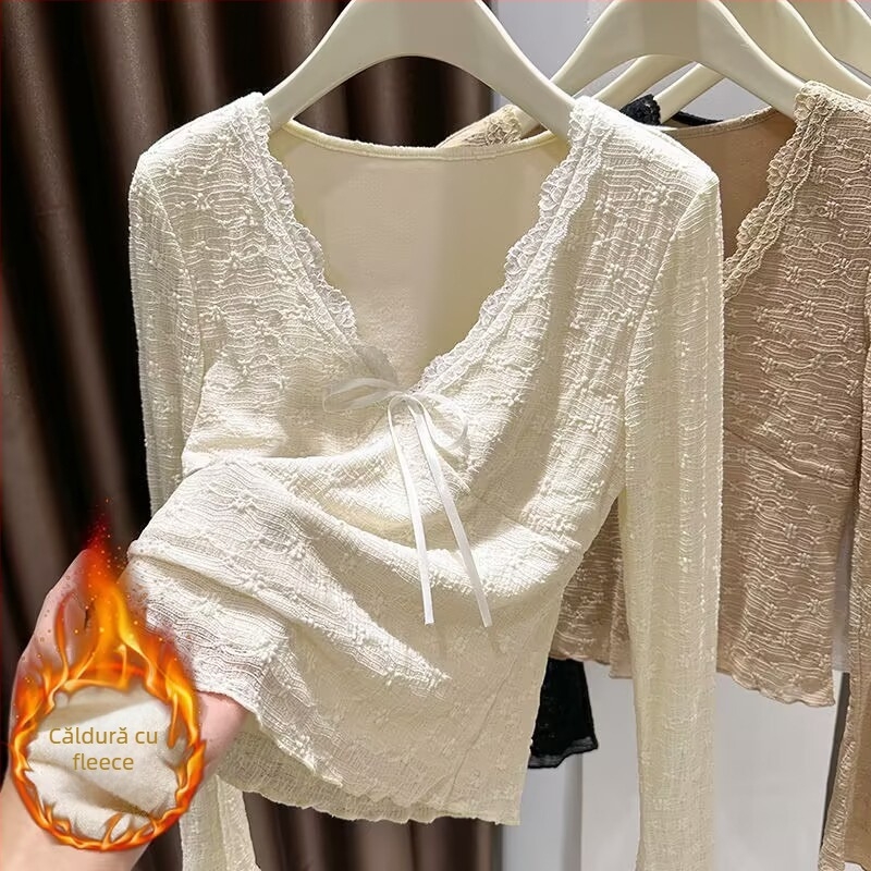 Top din dantelă pentru femei, decolteu în V, mâneci lungi, finisaj periat, material principal nailon/spandex (>95% din componența materialului)