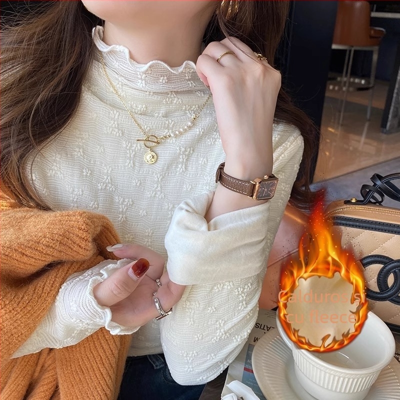 Top dama din fleece cu căptușeală de dantelă și plasă, croială pulover, guler half-turtleneck, mâneci lungi, material poliester, model uni, detalii de cusături collage