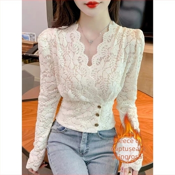 Bluza din dantelă poliester, croială slim, guler de cămașă, mâneci lungi