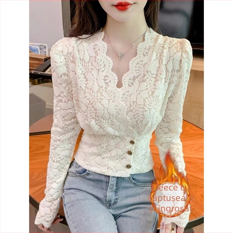 Bluza din dantelă poliester, croială slim, guler de cămașă, mâneci lungi