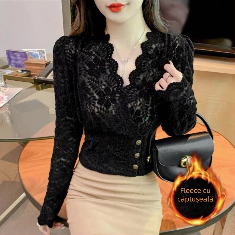 Bluza din dantelă poliester, croială slim, guler de cămașă, mâneci lungi