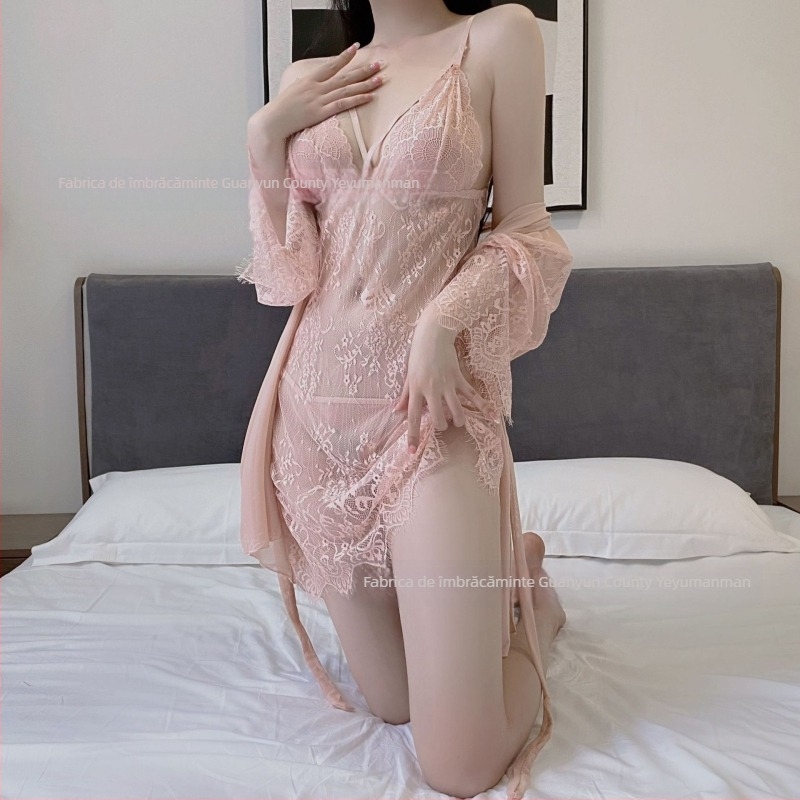 Set din două piese, pijama din dantelă cu decupaje – țesătură ultra-subțire, spandex, vara 2022, conținut principal de țesătură 50–70%