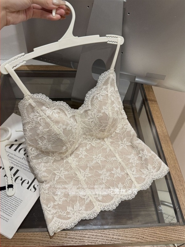 Xingmi 6099 Sutien-camisolă din dantelă, lung, cupe căptușite, decolteu adânc în V, 3/4 cupe, bretele fixe duble