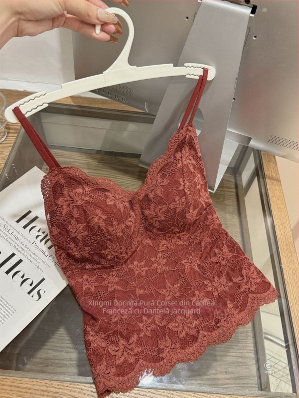 Xingmi 6099 Sutien-camisolă din dantelă, lung, cupe căptușite, decolteu adânc în V, 3/4 cupe, bretele fixe duble