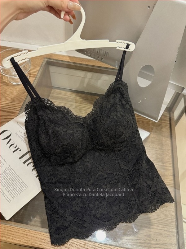 Xingmi 6099 Sutien-camisolă din dantelă, lung, cupe căptușite, decolteu adânc în V, 3/4 cupe, bretele fixe duble