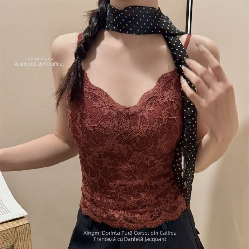 Xingmi 6099 Sutien-camisolă din dantelă, lung, cupe căptușite, decolteu adânc în V, 3/4 cupe, bretele fixe duble