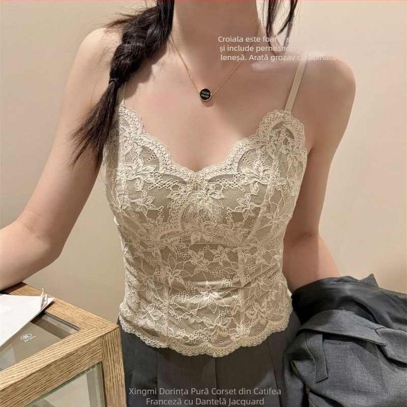 Xingmi 6099 Sutien-camisolă din dantelă, lung, cupe căptușite, decolteu adânc în V, 3/4 cupe, bretele fixe duble
