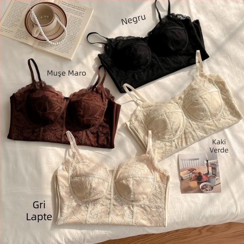 Maiou de dantelă pentru toamnă-iarnă, stil franțuz retro, cupe încorporate, anti-expunere, top de bază, țesătură PVC ≤30%