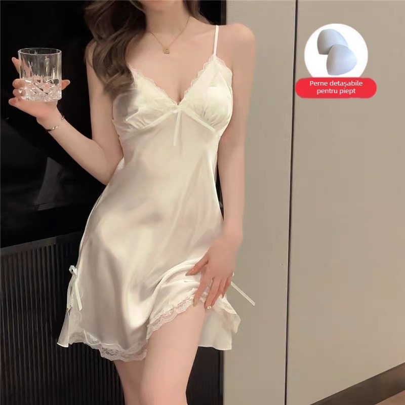 Pijamă de noapte feminină cu bretele tip sling, pernă pentru bust, dantelă, decolteu în V, material răcoros, poliester 90–95%