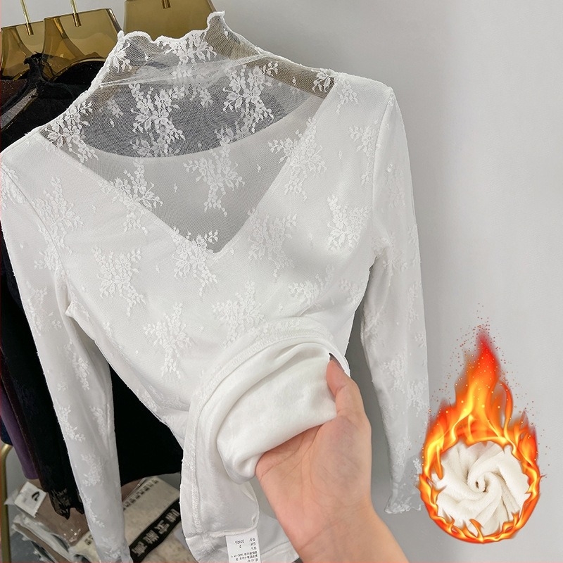 Top pentru femei, căptușit cald cu fleece, panouri din dantelă și plasă, croială Slim, mâneci lungi, guler pe jumătate înalt