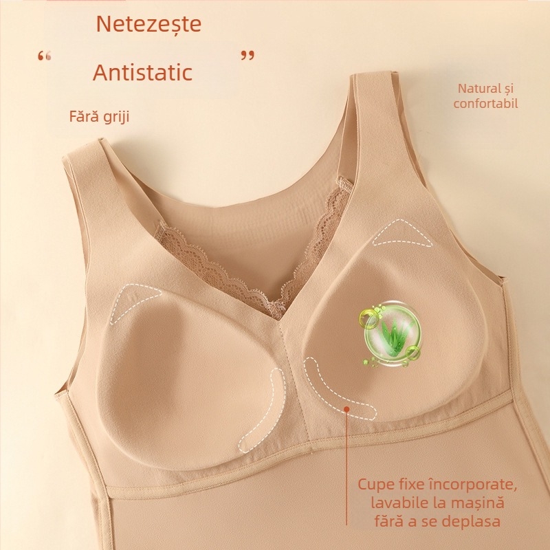 308 Dantelă antibacteriană cu stocare a temperaturii, top subțire din catifea cupe integrate, elasticitate mare, lenjerie feminină în stil vest