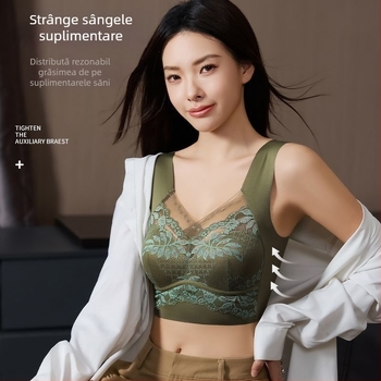 Sutien fara fir din dantelă, cupe complete, stil bustieră, bretele fixe în dublu, fără cârlig, cupe din nylon respirant
