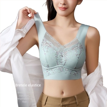 Sutien fara fir din dantelă, cupe complete, stil bustieră, bretele fixe în dublu, fără cârlig, cupe din nylon respirant